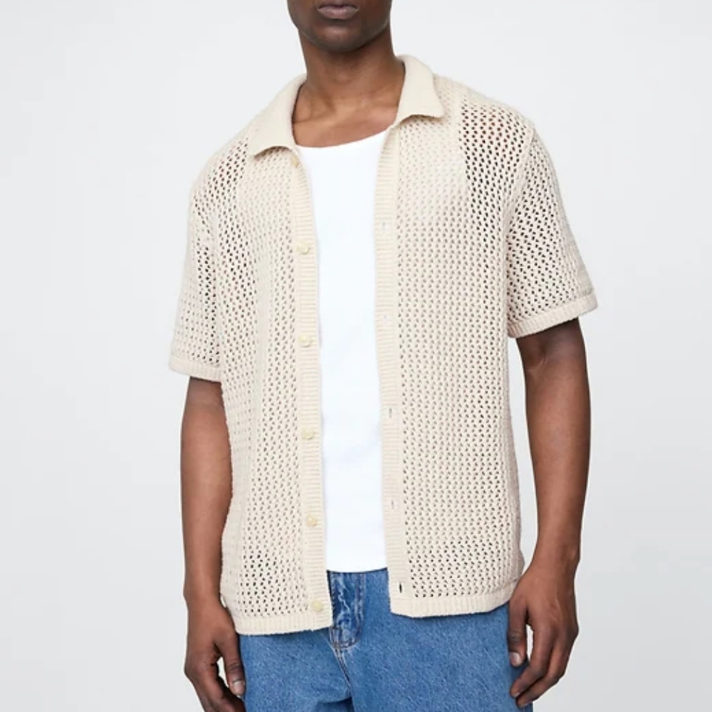 Sandstone Mens Handmade Crochet Short Sleeve Sweater Shirt